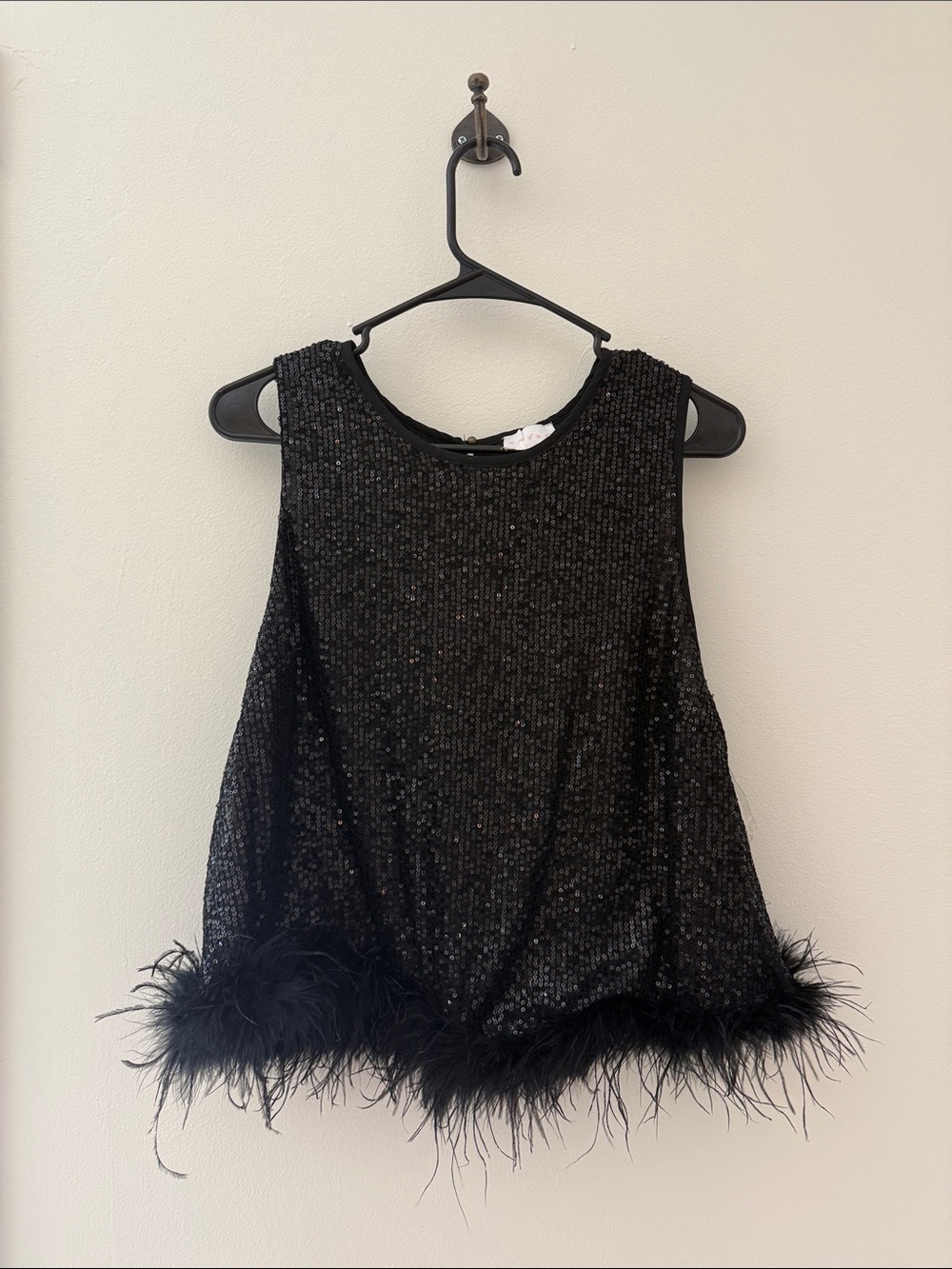 entro Black Sequin Tank with Feather Trim